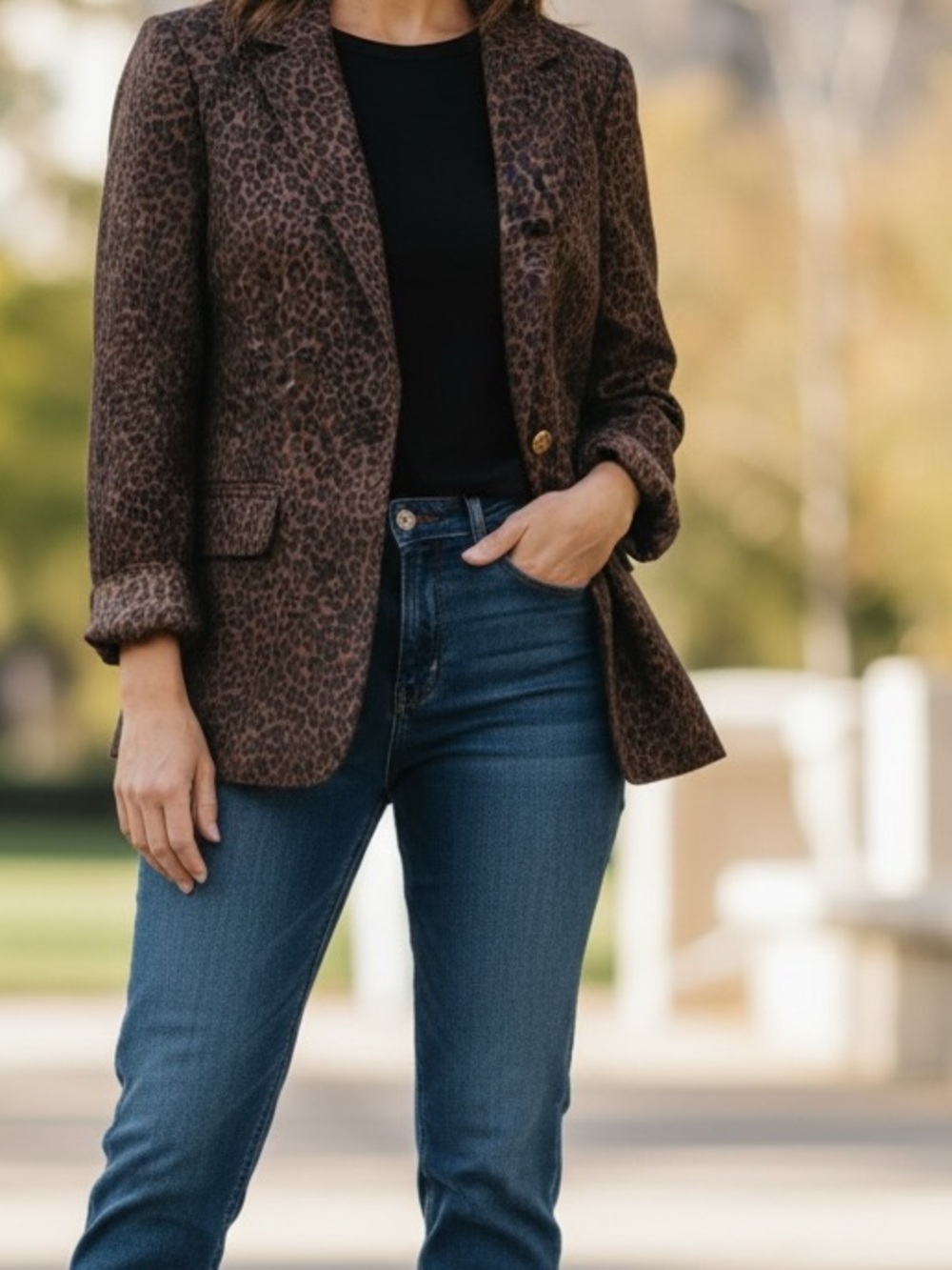 Anne Klein Brown and Black Leopard Print Single-Button Blazer
